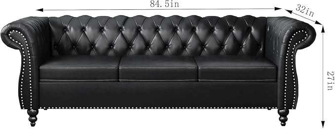 Chesterfield 3 Seater Sofa Modern Leather Tufted Couch 3 Seater with Rolled Arms and Nailhead Mid-Century Upholstered Couch for Living Room Bedroom Apartment and Office Black