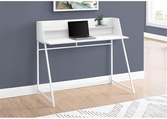 Pemberly Row Computer Desk 48 in Home Office Laptop Table with Storage Shelves White Laminate Finish Metal Base with Trapezoid Legs Contemporary Style Compact Workspace