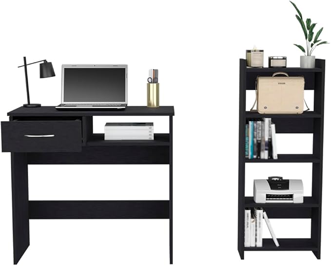 Kaimei Home Office Desk with Keyboard Tray and Drawer - Spacious Work Surface - Modern Black Wengé Finish