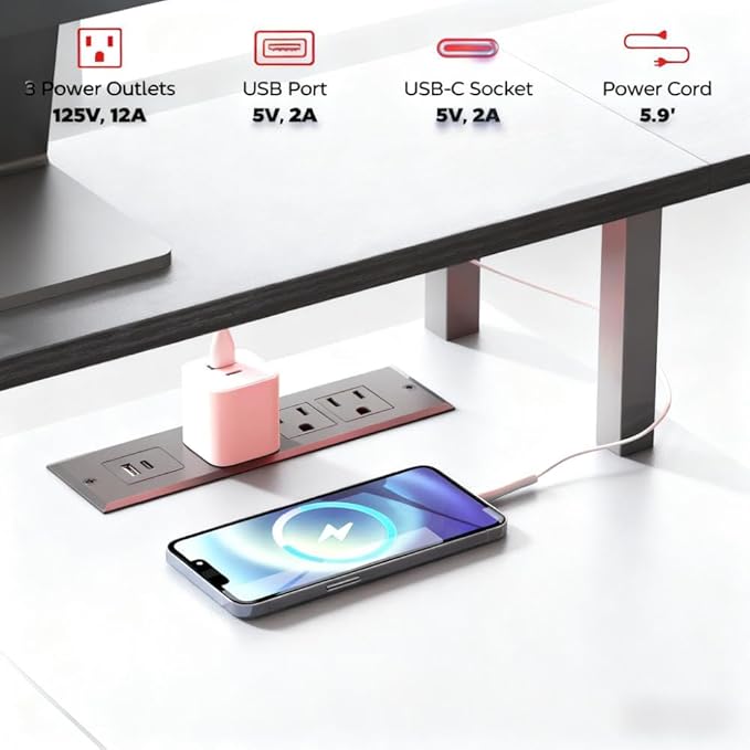 66.9'' Gaming Desk with 4 Fabric Drawers &amp File Cabinet Modern Computer Desk with Power Outlets and LED Lights Home Office Desk PC Desks for Home Office Study (Black)
