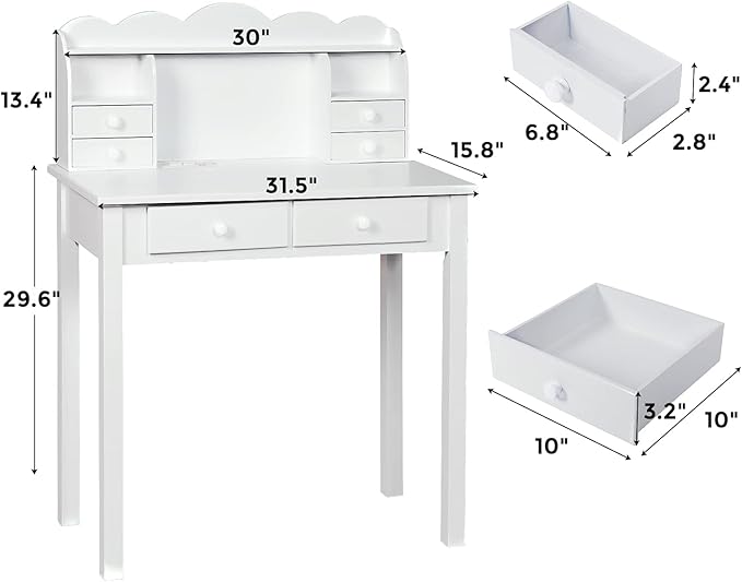 ADORNEVE Small White Writing Desk with Hutch and USB Ports 31.5 inch Home Office Desk with Drawers Study Table for Kids/Student Makeup Dressing Table Save Space Gifts