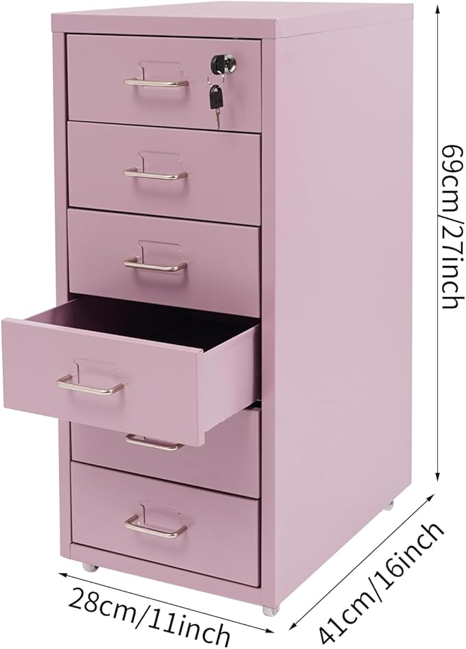 Office File Cabinet w/4 Wheels 6 Drawer Metal Small Vertical File Cabinets w/2 Lock Smooth Edges Mobile Storage Cabinet File Organizer for Home Office Living Room 11 * 16 * 27in (Purple)