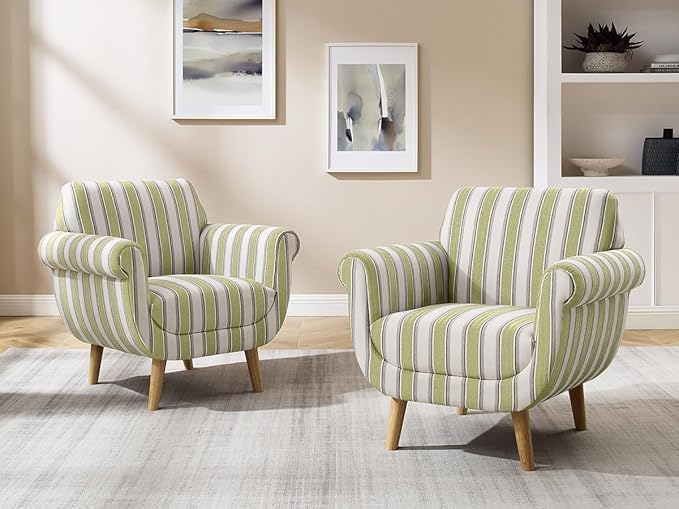 VANOMi Mid-Century Accent Chair with Stripe Pattern Modern Linen Fabric Armchair with Wood Legs Club Chair for Living Room Comfy Upholstered Side Chairs for Bedroom Reading Small Place (Green)