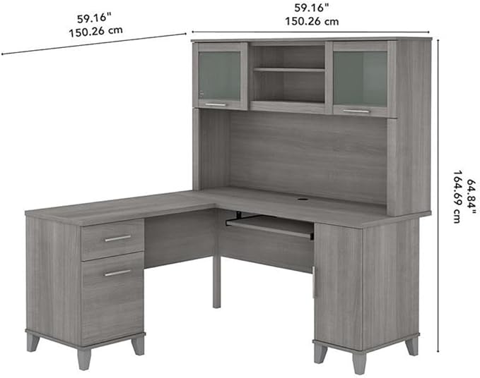 Pemberly Row 60W L Shaped Desk with Hutch Platinum Gray Finish Thermally Fused Laminate Storage Cabinet File Drawer Adjustable Shelves Home Office Desk for Computer and Organization