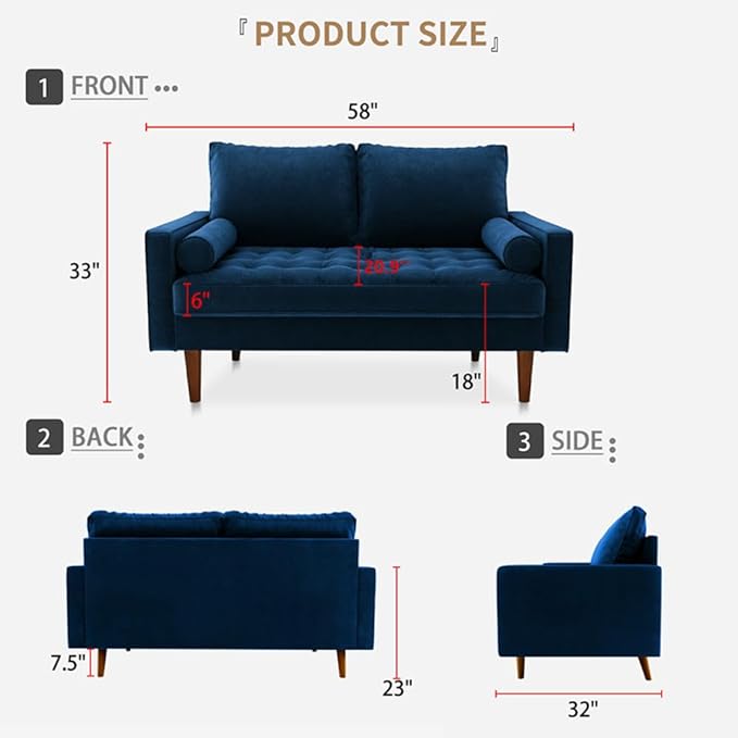 Modern Sofa58 Inch Velvet Couch for Living RoomSpring CushionsEasy Assembly Modern Couches with Throw Pillow for Small Spaces (Space Blue)