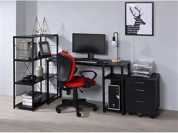 BOWERY HILL Writing Desk Wooden Top with Black Metal Open Base 47 W x 19 D x 28 H 2-Shelf Design Rustic Industrial Style Particle Board and Paper Veneer Home Office Desk with Storage