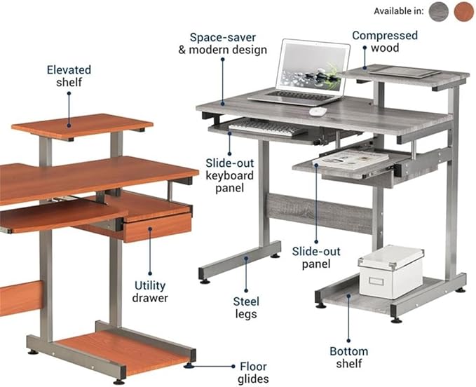 Pemberly Row Contemporary Wood/Steel Computer Desk 38 W x 22 D x 30 H Mahogany Finish MDF and Steel Construction Pull-Out Keyboard Tray Printer and Scanner Shelves Home Office Desk