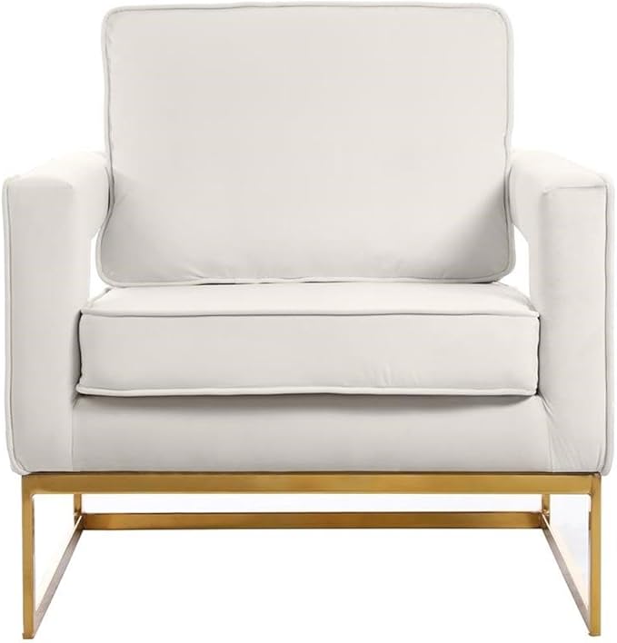 Pemberly Row Modern Velvet Accent Chair Cream Upholstery Gold Iron Base 33 W x 29 D x 35 H High-Density Foam Cushion Stylish Living Room Seating for Relaxing or Reading
