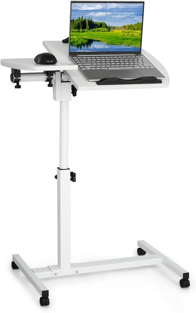 Portable Rolling Laptop Desk Mobile Small Standing Desk Tilting Design 360° Rotatable Overbed Panel Adjustable Height Ideal for Home Office &amp School Use White