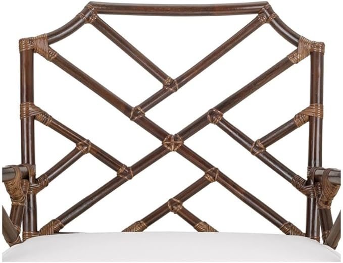 Pemberly Row Accent Arm Chair 17.5 Seat Height Rattan and Cotton Paloma Brown Finish Chinese Chippendale Style Removable Cushion Coastal or Classic Decor for Living Room or Bedroom