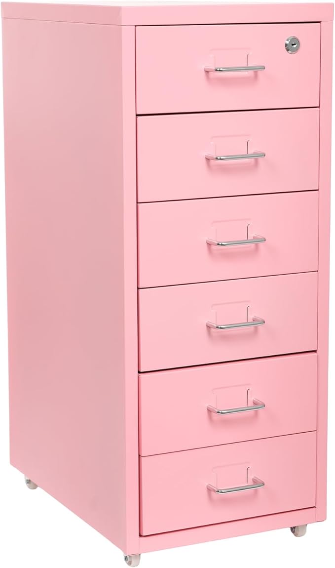 6 Drawer Mobile File CabinetVertical File Cabinet with Lock Metal Storage Cabinet for HomeOffice Horizontal Rolling Filing Cabinets for Letter/Legal/A4/F4 Hanging Files (Pink)