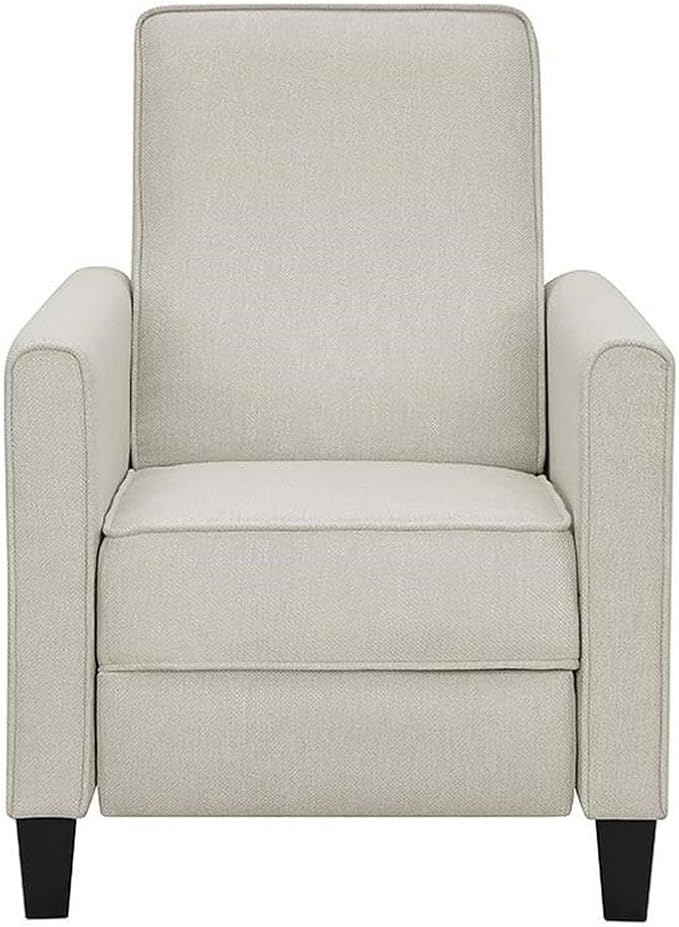 BOWERY HILL Transitional Fabric Push Back Chair Beige Linen 27 W x 34 D x 36.5 H Rounded Track Arms Tapered Dark Finish Legs Recliner Accent Chair for Living Room or Sitting Area