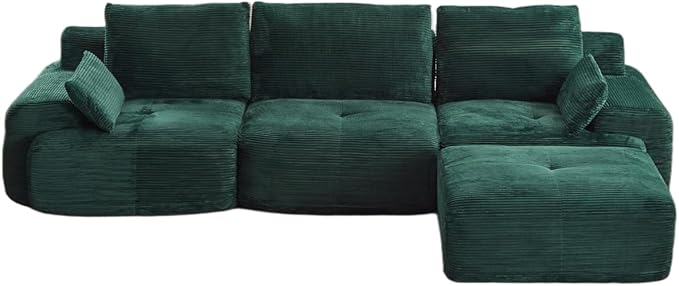 Modular Sectional Sofa Comfy Boneless Cloud Couch with Pillows Pet-Friendly Corduroy Fabric Sectional Couches for Living Room No Assembly Required (Green 3 Seat)