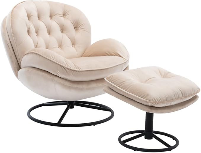 i-POOK Velvet Swivel Chair with Matching Swivel Ottoman Modern Upholstered Accent Chair with Round Black Metal Base and Backrest for Bedroom Living Room and Apartment Beige