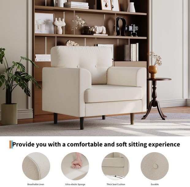 38 Modern Single Sofa Linen Upholstered Armrest Accent Chair with High-Density Foam &amp Fixed ArmrestsComfortable Armchair Upholstered Reading Chair for Living Room Bedroom &amp OfficeBeige