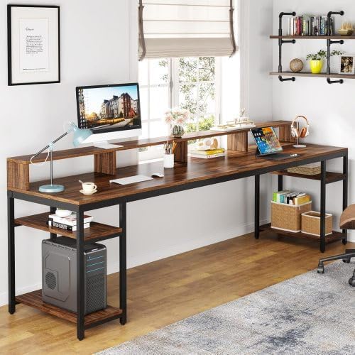 78 Two Person Computer Desk with Drawers Long Double Home Office Desk with with Storage Shelves Large Gaming Study Writing Table Workstation for Office (Brown-Monitor Stand)