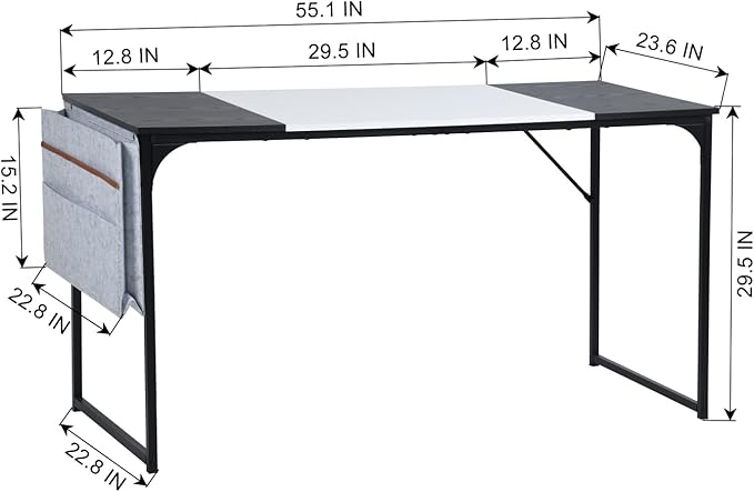Homy Casa Modern Industrial Computer Desk 55.1 x 23.6 Writing Table White/Black MDF Wood Top Black Steel Frame Simple Assembly Home Office Desk
