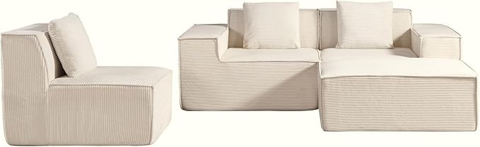 Harper Convertible Corduroy Sectional Couch with Ottoman &amp Pillows Modular L Shaped Sleeper Sofa Boneless Cloud Couch for Living Room Furniture Beige