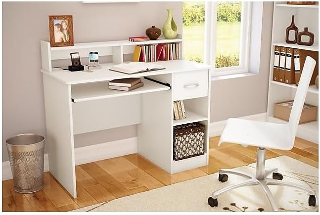 BOWERY HILL Modern Computer Desk with Keyboard Tray Wood Writing Desk with Drawers and Shelves for Home Office White