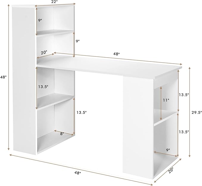 COSTWAY White Computer Desk with Shelves 48” Study Writing Desk with 6-Tier Storage Shelves Reversible Study Workstation w/Wide Base for Home Office &amp Dorm Easy Assembly