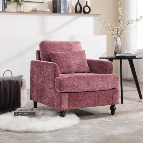 QQU Modern Upholstered Armchair Chenille Fabric Single Armchair with Cushions Living Room Lounge Chair Reading Chair with Solid Wood Frame Suitable for Bedroom Reception RoomWine Red