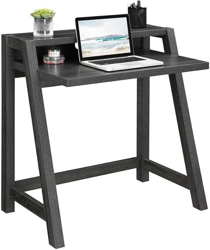 Pemberly Row Two-Tier Home Office Desk 34.5 x 22 x 35 in Gray Wood Finish Manufactured Wood with Woodgrain Melamine Spacious Desktop and Shelving Cable Management Hole Modern/Contemporary Style