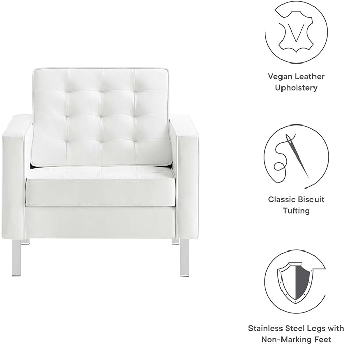 Modway EEI-3391- Loft Tufted Button Faux Leather Upholstered Accent Armchair in Silver White