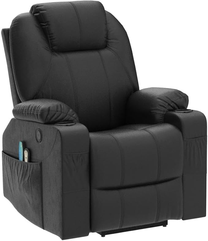 Power Lift Recliner Chair for Elderly Electric Massage Heated Recliner Faux Leather Lift Chair with 2 Remote Controls USB Ports Cup Holders &amp Side Pockets for Living Room (Black)