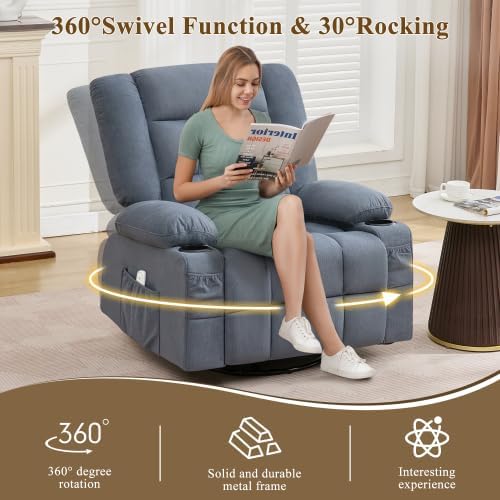 Oversized Recliner Chair for Adults w/ 8-Point 3D Kneading Massage and Lumbar Heating Swivel Rocker Recliner w/USB Charge Port for Living Room Ergonomic Lazy Boy Single Sofa Chair (Blue)