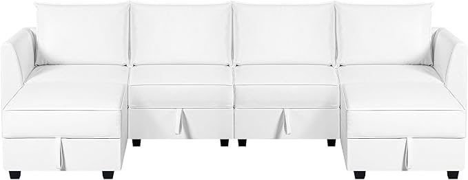 Naomi Home Modular Convertible U-Shaped Sectional Sofa with Reversible Chaise Oversized Couch Elizabeth Sectional Sofa with Ottoman - Air Leather Upholstery White