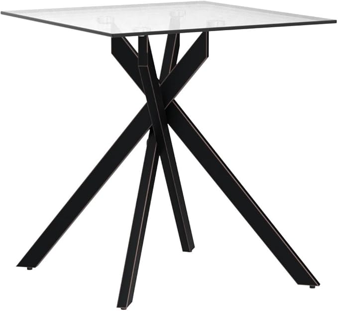 Edwin's Choice Black Square Glass Side &amp End Table with Grey Tempered Glass Top and Black Metal Tubular Legs with Gold Rim 20”Dx20”Wx22”H