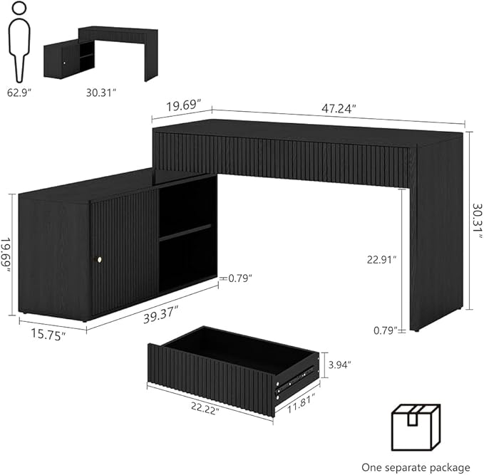 Modern Computer PC Desk Table with Storage Corner L Shaped Desk with Drawers Home Office Desk for Bedroom and Small Space for Writing Executive Study Work Vanity - Black