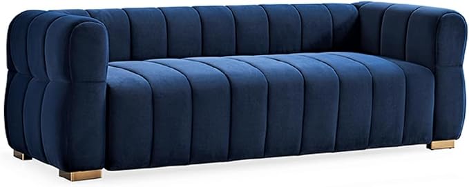 Art Deco Velvet Sofa with Tufted Low Back Design Sophisticated 3 Seater Couch for Living Rooms 89 Inch Wide Easy Assembly Blue