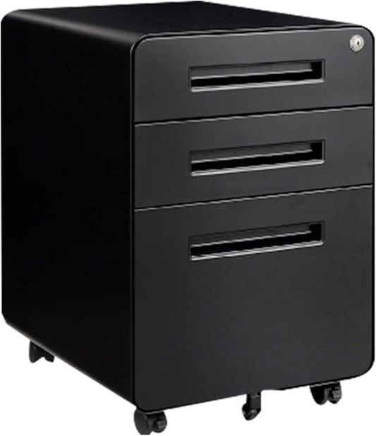 FLEXISPOT Metal File Cabinet for Home Office Mobile File Cabinet with Lock 3 Drawer Filing Cabinets for Legal/Letter/A4 File Round Corner DesignBlack
