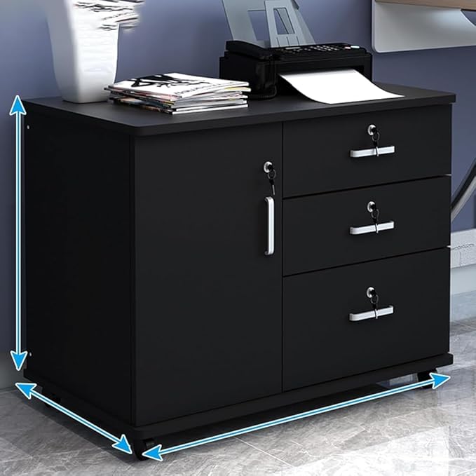 Wood File Cabinet with Lock Mobile Lateral Filing Cabinet for Home Office Printer Stand with Adjustable Shelves Under Desk Filing Cabinet for A4/Letter(Color:Black)