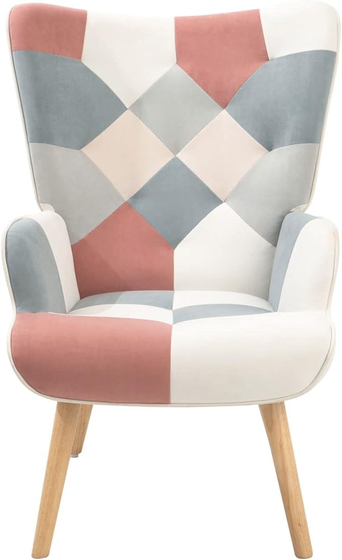 Accent Chair with Ottoman Living Room Chair and Ottoman Set Comfy Side Armchair for Bedroom Creative Splicing Cloth Surface Pink