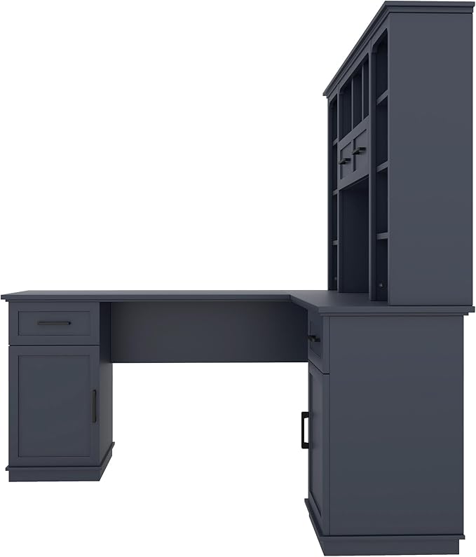 Multi-Function Wood Home Office Computer Desk with Storage Cabinets and Bookcases L-Shaped Executive Desk Writing Desk Study Workstation for Office Study Room (Antique Blue-L)