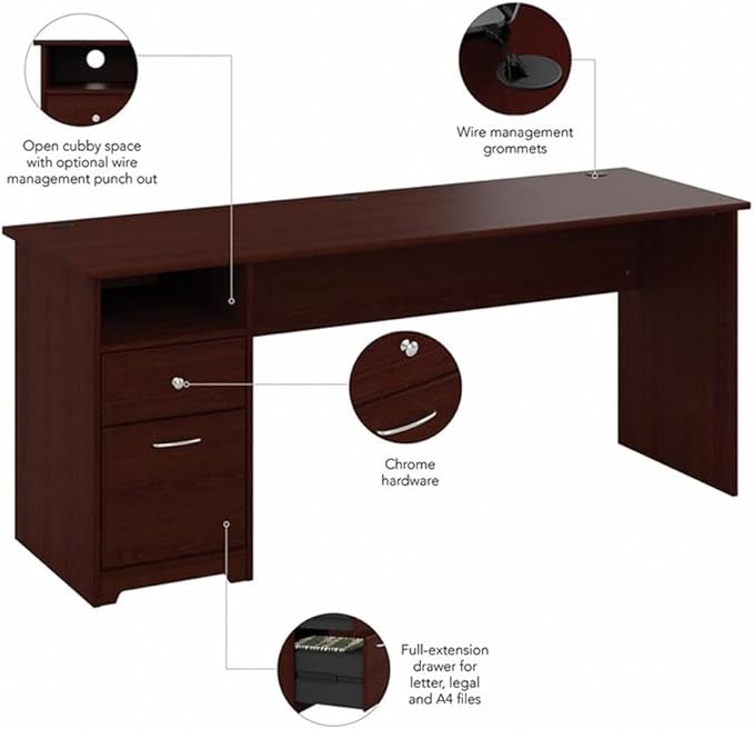 Bush Furniture Cabot 72W Computer Desk with Drawers in Harvest Cherry Large Work Table and Built-in Storage for Home Office 6 Foot Long Desktop