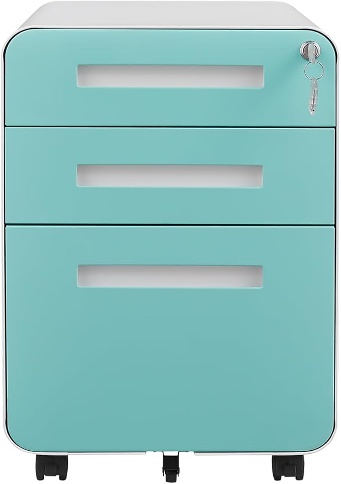 Metal Office Storage Cabinet with 3 Drawers Vertical Printer Cabinet for Office Supplies and File Storage Filing Organizer for Home Office 5 Wheel Design Green