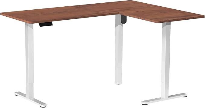VIVO Corner Standing Desk 63 x 55 inch Reversible L-Shaped Workstation Electric Height Adjustment Home Office and Reception Rooms Dark Walnut Table Top White Frame DESK-E3CTWD