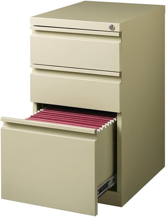 BOWERY HILL Mobile Pedestal Filing Cabinet 20 Deep Steel Construction Putty/Beige Finish 3-Drawer Box/Box/File Configuration Lockable Hidden Casters Letter-Size Hanging File Storage