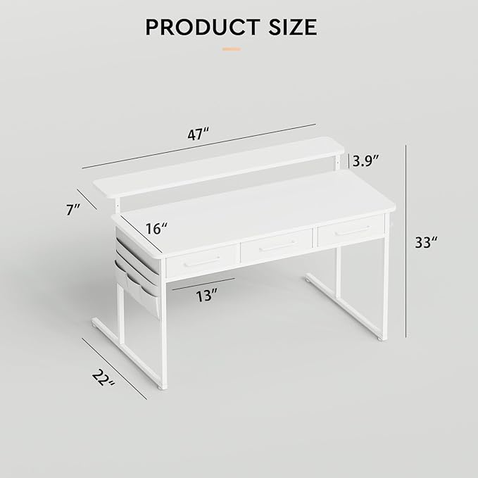 Computer Desk with Drawers 47.2X15.8-22.9 Inches Office Computer Desk with Side Pocket &amp Ergonomic Monitor Stand Writing Table for Small Spaces Bedroom White