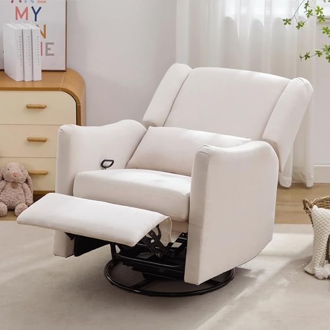 Polibi 29.5'' Wide Wingback Swivel Rocker Recliner Chair Rocking Chair with Head &amp Lumbar Support Modern Accent Chair for Living Room Beige + Linen