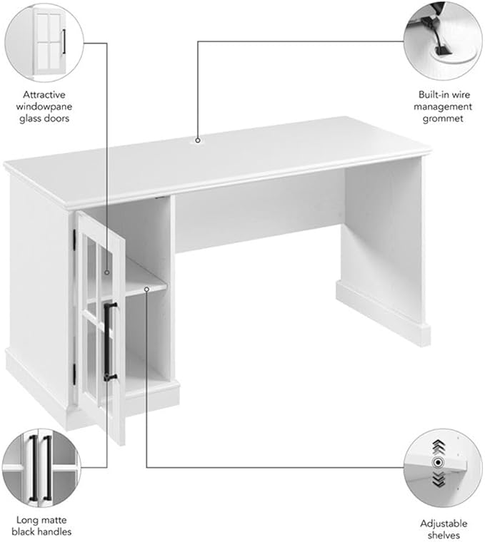BOWERY HILL Contemporary 60W Computer Desk White Ash Finish Storage Cabinet with Adjustable Shelf Wire Management Matte Black Handles Home Office Desk for Workspace or Small Home Office Use