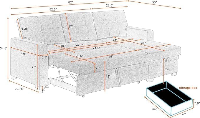 ERYE 82-inch Pull Out Sleeper Couch Bed L-Shaped Reversible Sleeper Sectional Sofa Linen Blend Tufted Upholstered Corner Convertible Sofa Bed with Storage Chaise