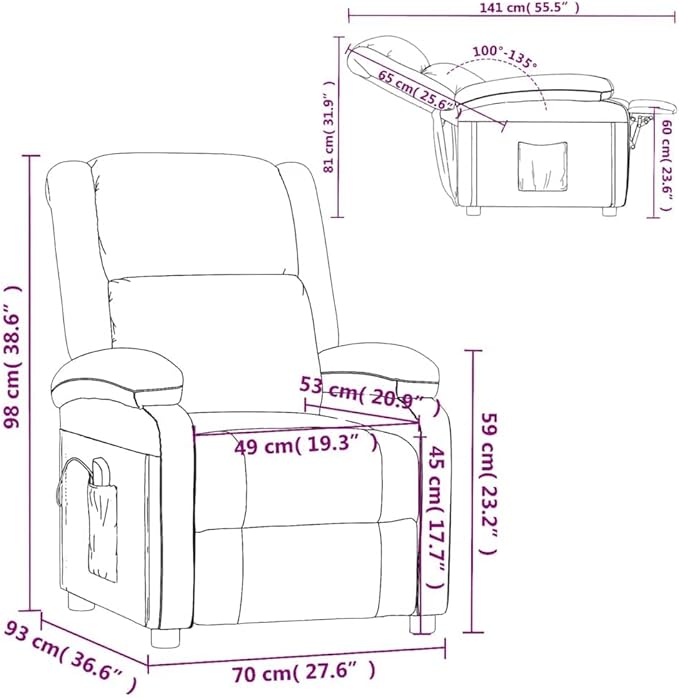 vidaXL Massage Chair Recliner with Vibration Massage - Brown Fabric Adjustable Backrest/Footrest USB-Powered Remote Control Home Living Room/Lounge