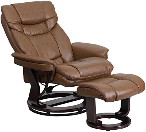 BOWERY HILL LeatherSoft Recliner and Ottoman 41.25 in H x 33 in W x 44.5 in D Palomino Brown Finish Integrated Headrest Swivel Base Mahogany Wood Frame Plush Arms Home or Office Seating