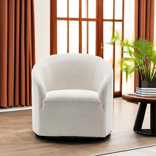KINWELL 32 Wide Modern Boucle Swivel Barrel Chair No Assembly Round Upholstered Swivel Accent Armchair for Living Room Bedroom Office (White)