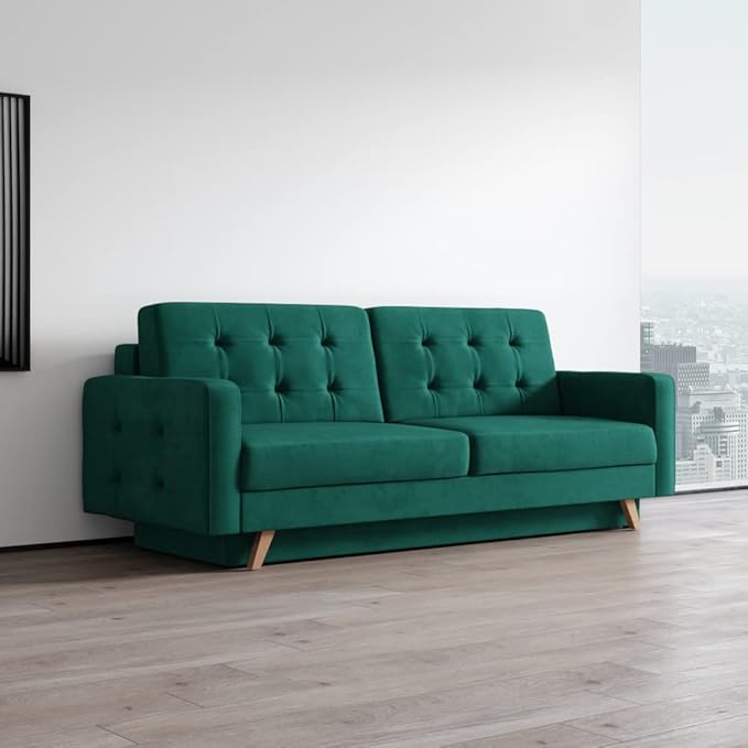 Meble Furniture Modern Mid-Century Sleeper Sofa — Queen Size Convertible Bed — Spacious Under-Seat Storage 85.5 x 36.5 x 34.5 inches — Dark Green | Versatile Sleeper Durable Hardwood Comfortable Pl