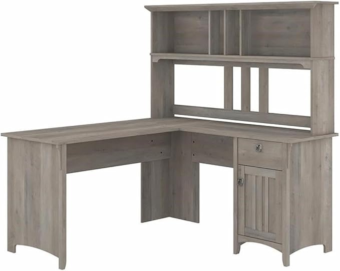 Bush Home Salinas L Shaped Desk with Hutch in Driftwood Gray | Corner Table with Drawers and Storage for Home Office